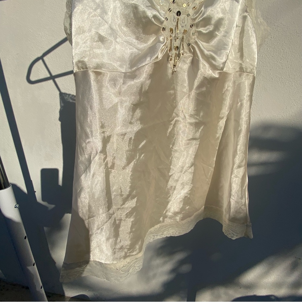 Y2K Fairy Ivory Satin Gold Sequin Beaded Cami Tank Top Size Medium - Picture 6 of 9